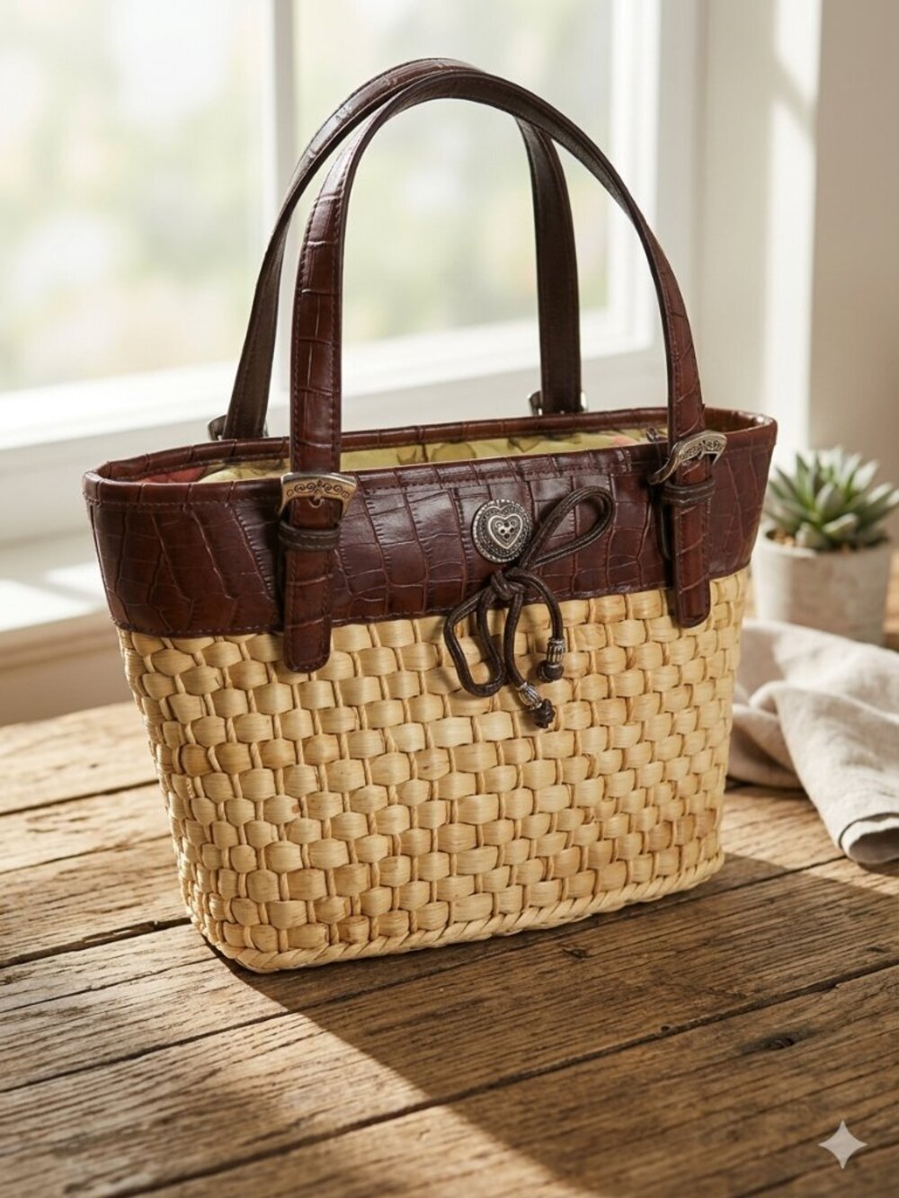 Elka Woven Straw & Faux Alligator Trim Handbag w metal heart hardware